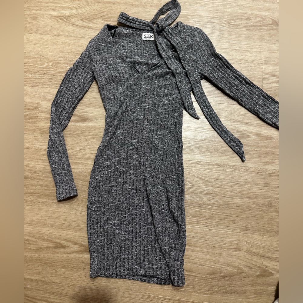 heather gray xs/0 long sleeve mini dress with tie neck